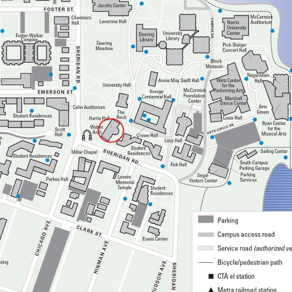 Map of Evanston campus highlighting Harris Hall