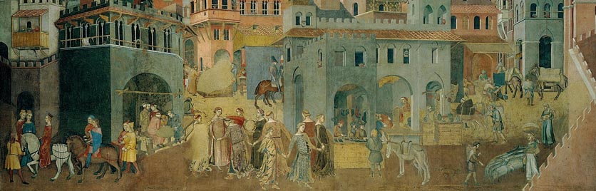 Ambrogio Lorenzetti, "Effetti del buon governo," Sienna, 1338.  Wikicommons.